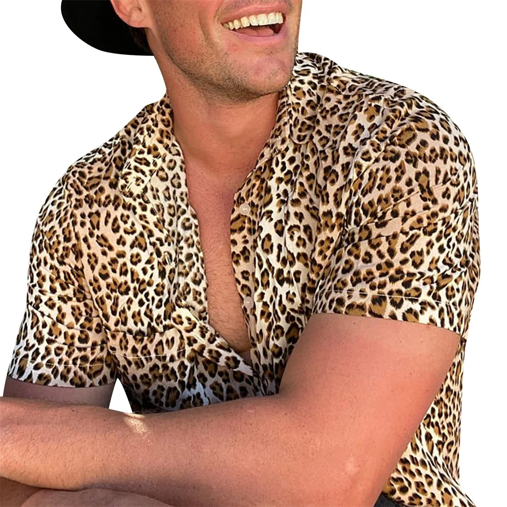 Men Leopard Print Button down Shirts Summer Casual Short Sleeve Shirts Beach Streetwear shirts and blouses Baggy Oversized Tops