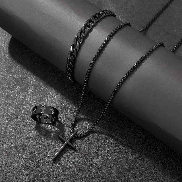 Men's 3pcs Fashion Alloy Jewelry Set - Cross Pendant Necklace, Bracelet & Ring Combo 4