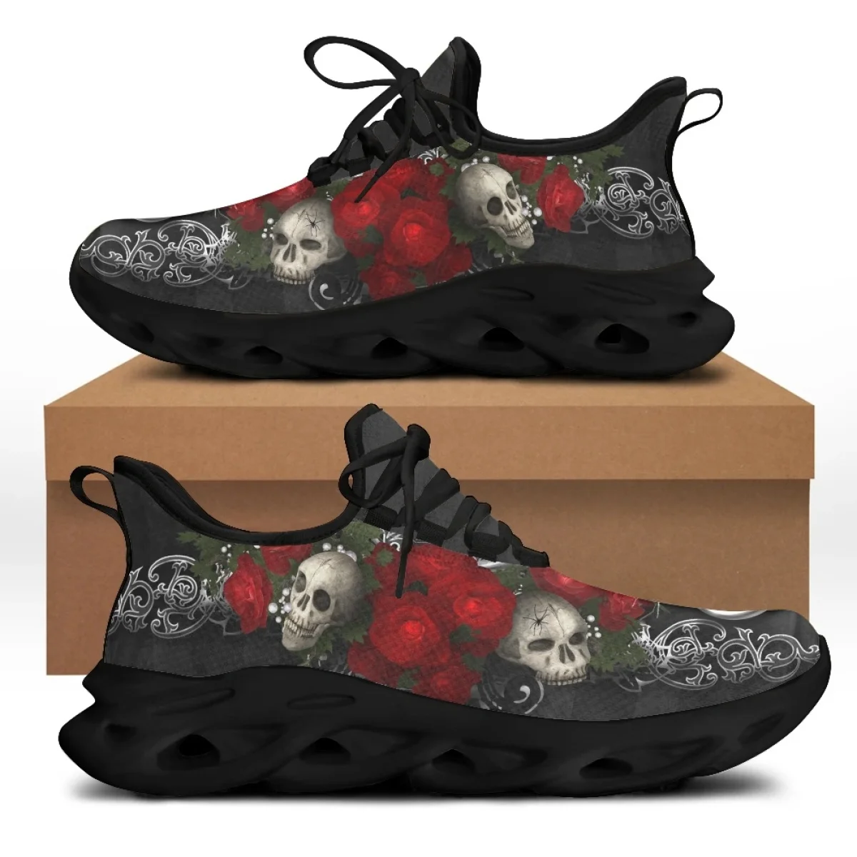 

CYWGIFT Comfortable Women Chunky Shoes Unisex Trend Women's Flat Skull With Rose Pattern Comfort Low-top Vulcanized Sneakers