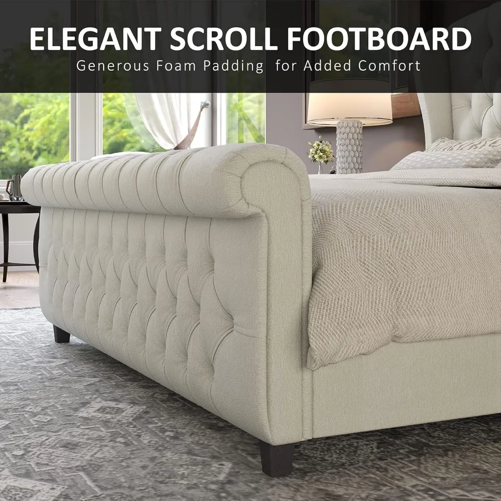 AMERLIFE King Size Platform Bed Frame, Chenille Upholstered Sleigh Bed with Scroll Wingback Headboard & Footboard/Button Tufted/ 5