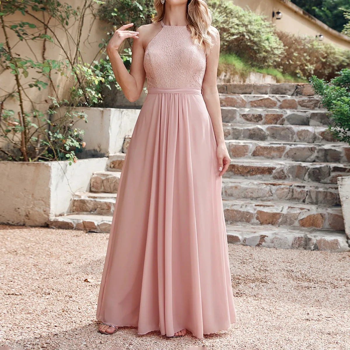 Lace Top Halter Neck Chiffon Long Junior Bridesmaid Dress Dusty Rose main image 1