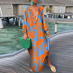 Fashion Maxi Dresses For Women V Neck Long Sleeve Party Dress Boho Vintage Print Long Dress Plus Size Loose Casual Vesitdos