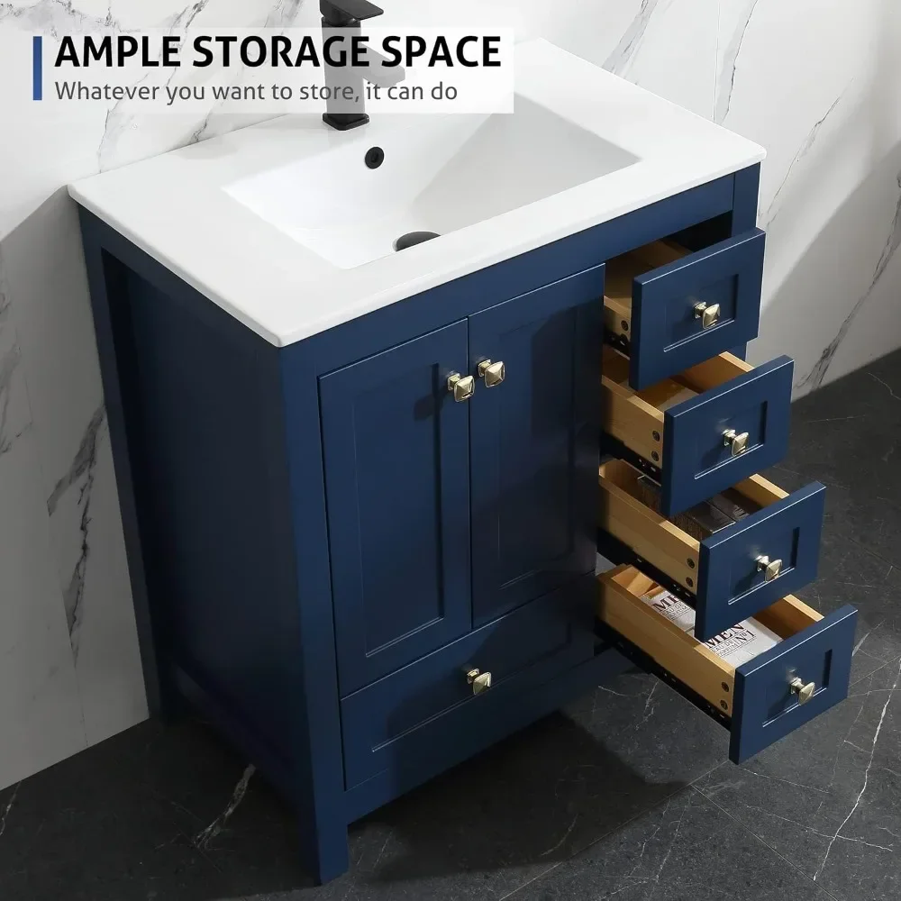 30" Bathroom Vanities Cabinet with Sink Combo Set, Undermount Ceramic Sink w/Thickened Wood, Matte Black Faucet, Painted Surface 3