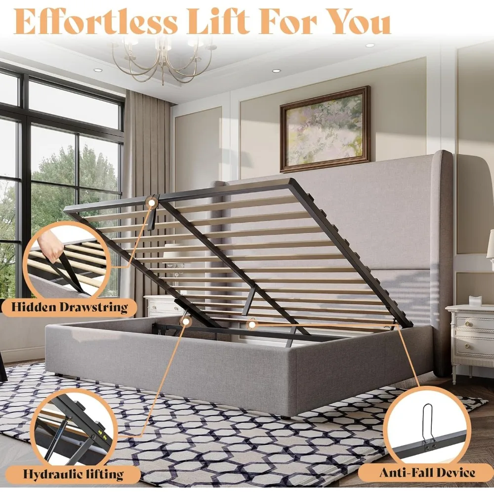 Lift Up Storage Bed Queen Size Linen Upholstered Platform Bed Frame, No Box Spring Needed, Mattresses 5