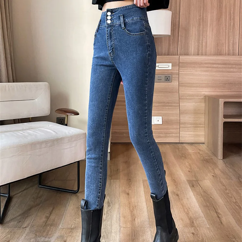 

Korean Fashion High Waist Single-breasted Slim Pencil Denim Pants 2023 Spring Autumn Stretch Ankle-length Streetwear Women Pants