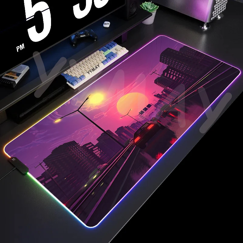 Alfombrilla de ratón para juegos con retroiluminación de ciudad de neón, alfombra de escritorio RGB, alfombrillas para jugador, alfombrilla de ratón LED, alfombrillas de goma antideslizantes para tecl