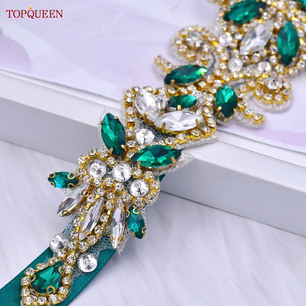 TOPQUEEN S12-KL Luxury Bridal Wedding Dress Belt Female Gold Handmade Sash Accessories Women Evening Party Gown Green Rhinestone