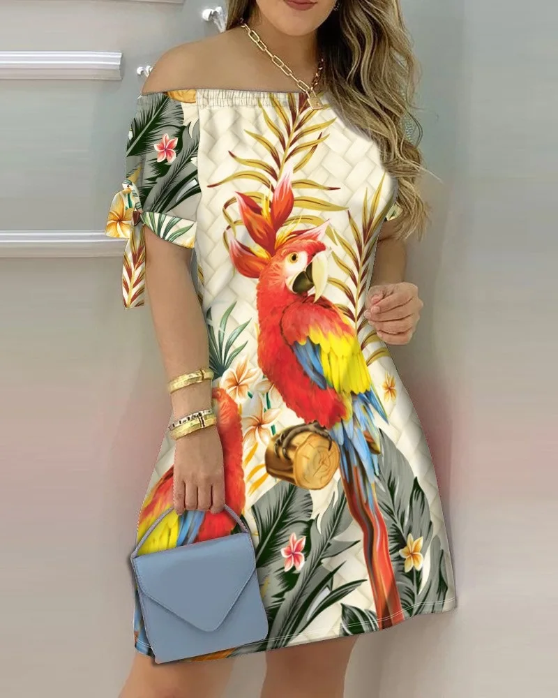 Vestido Estampado Sexy A La Moda Para Mujer, Vestido Acampanado De Manga Corta Con Hombros Descubiertos, Minivestidos Con Hombros Descubiertos Para Mujer - details 14