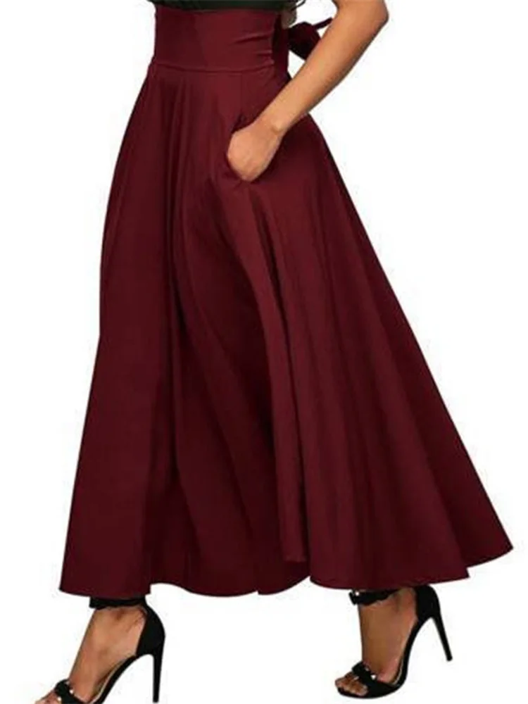 

CUHAKCI 2022 New Summer Casual Loose Vintage Maxi Long Skirt Women Pocket High Waist Female Back Bow Streetwear Black Gray
