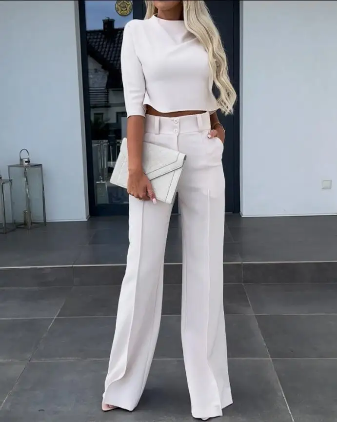 

Women's Elegant Cropped Blouse and Wide Leg Pants Set, Casual Work Wear, Autumn and Winter Fashion, New Arrival