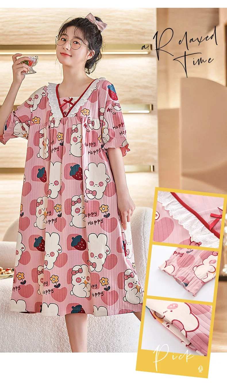 Women Sleep Shirt Dress Cotton Short Sleeve Nightgown Cartoon Sleepwear  Homewear | eBay