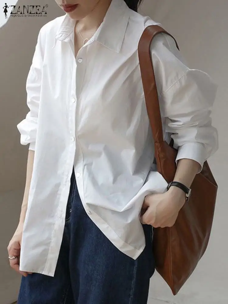 

ZANZEA, Женская Однотонная рубашка, осенняя, с отворотом, с длинным рукавом, блузка, 2023, повседневная, свободная, для работы, OL, топы, женские, для работы, Blusas Mujer