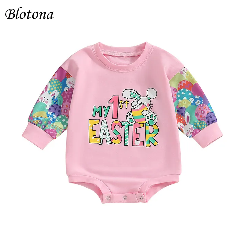 

Blotona Infant Toddler Easter Romper Long Sleeve Round Neck Letter Rabbit Egg Print Jumpsuit Baby Girl Clothes 0-24Months