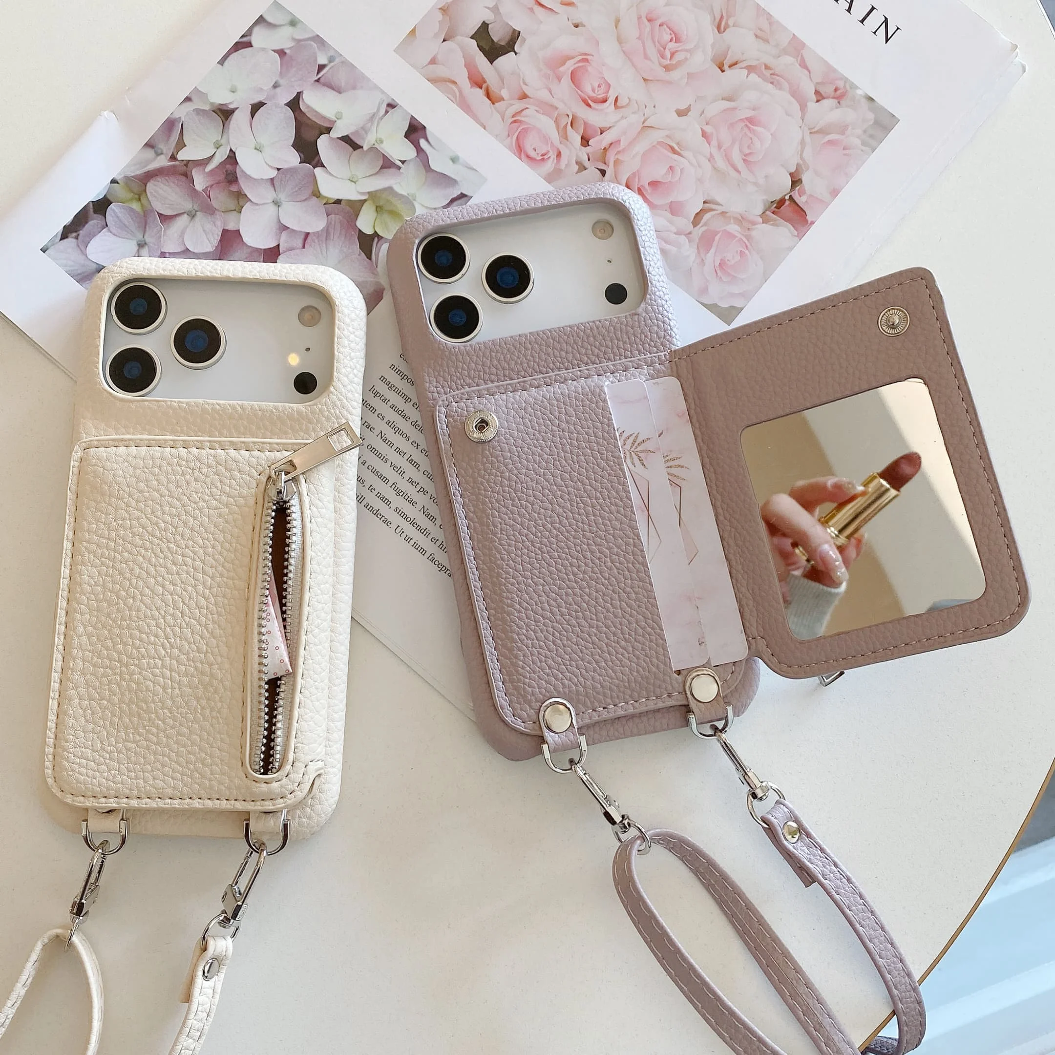 All-in-One Makeup Mirror Wallet Crossbody Lanyard Phone Case