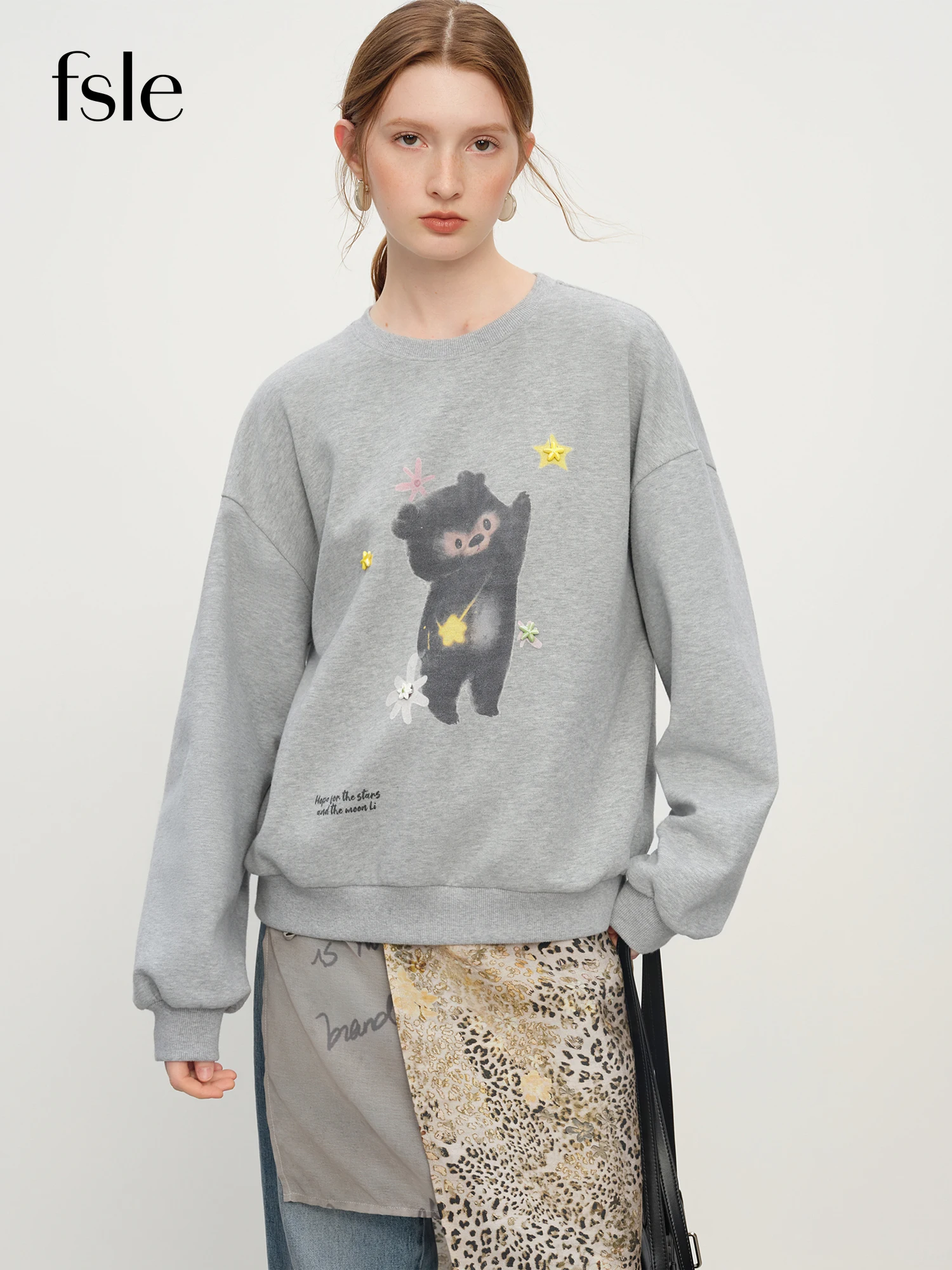 FSLE Korean Style Gray Teddy Bear Print Loose Round Neck