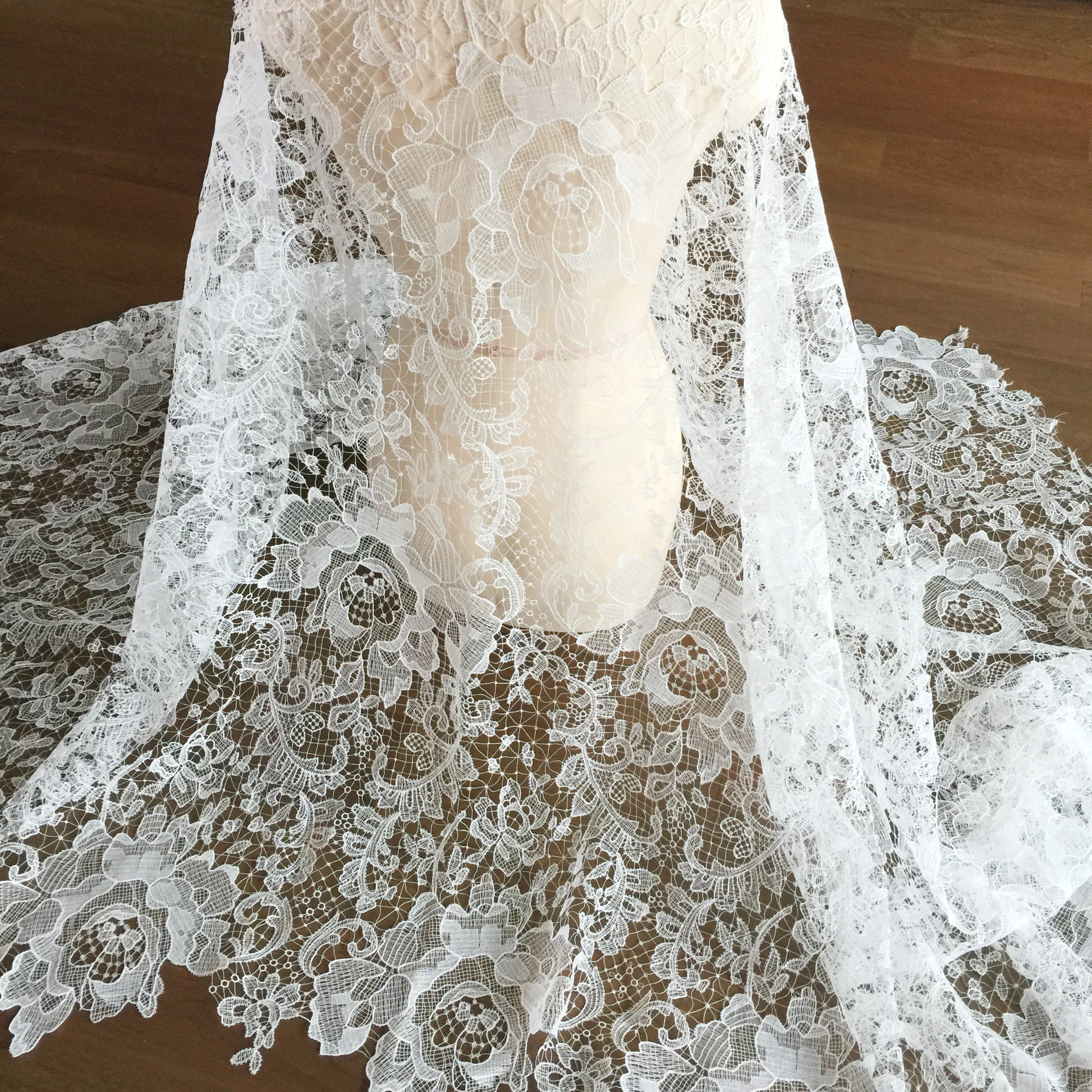 1 Yard Ivory Exquisite Alencon Lace Fabric with Crochet Pattern Floral Emrboidery Fabric for Wedding Gown, Lace Caps 4