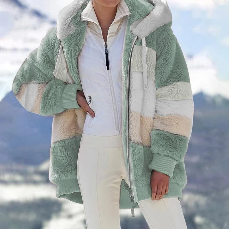 New Winter Women's Fashion Hooded Coat Warm Plush Loose Fit Women's Jacket Winter Outdoor Artificial Fur Zipper Women's Jacket