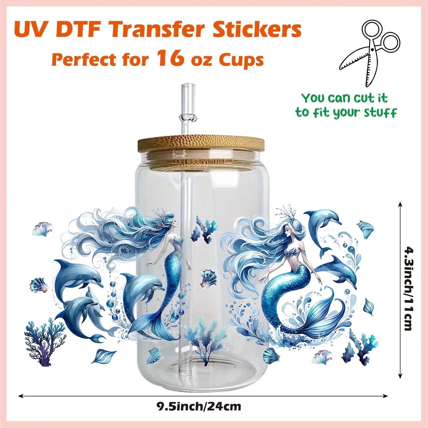 Colorful mermaid peel waterproof DIY Decals 3D transfers uvdtf crystal stickers 16oz uv dtf cup wraps for Libbey Glasses