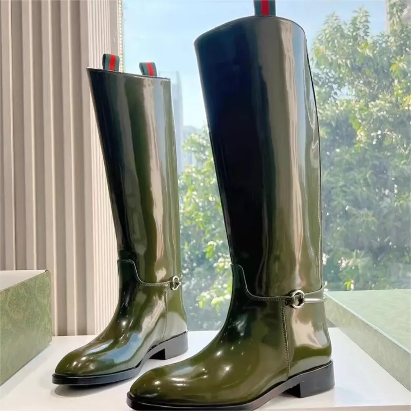 Solid Patent Leather Long Boots Knee-High Low Heels Slip on Round Toe Boots Fashion New Casual Large Size 34-44 Women Shoes