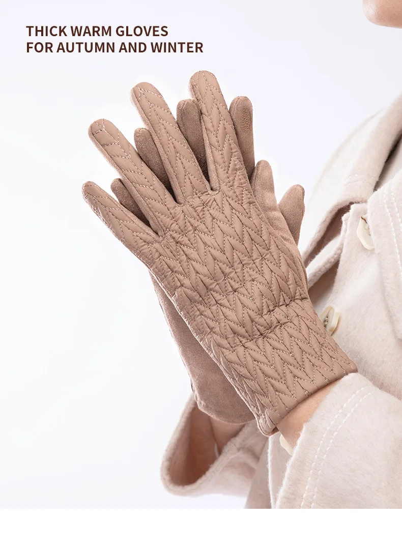 Women Winter Keep Warm Touch Screen Down Suede Fabric Gloves Cycling Drive Fashion Elegant Temperament Windproof Diamond Grid