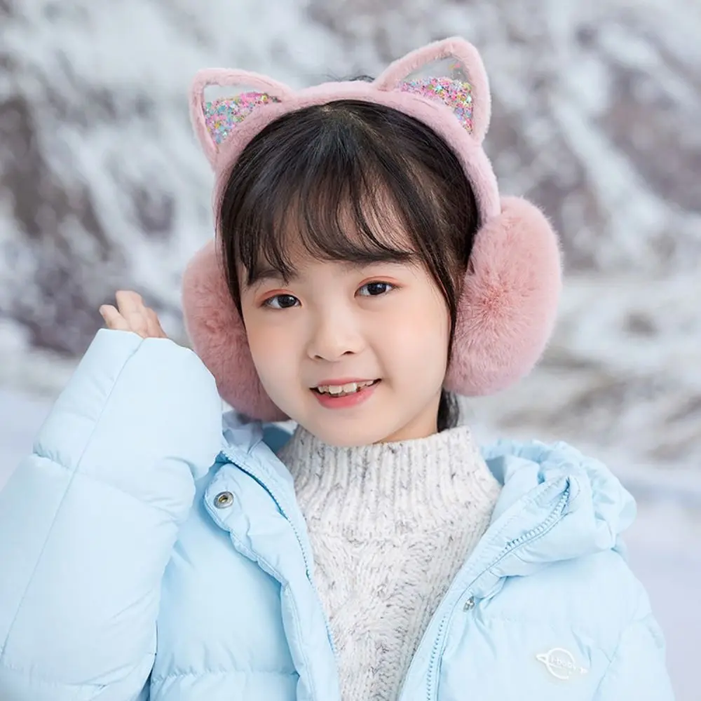 Comfortable Soft Plush Earmuffs Glitter Wind Proof Cartoon Cat Ear Earmuffs Outdoor Riding Foldable Warm Earcap