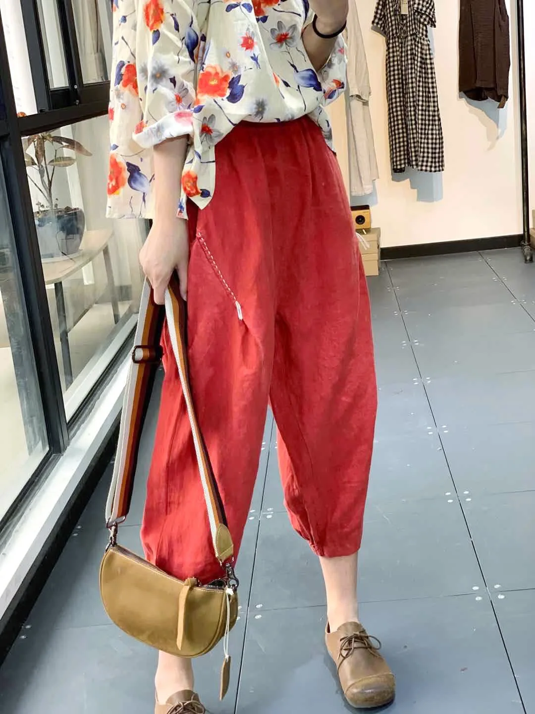 plaid pants Women Linen Pants Ladies Elastic Waist Flax Pants Female Solid Color Embroidered Linen Trousers Summer Calf Length Pants FT88 capri pants