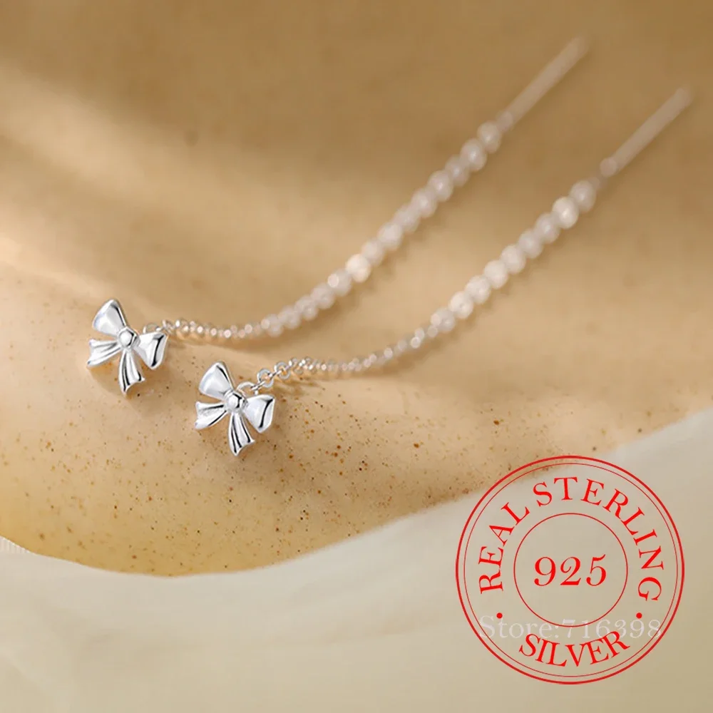 

100% 925 Sterling Silver Long Tassel Bowknot Stud Earrings for Women Girls Piercing Jewelry Women's Party Wedding pendiente