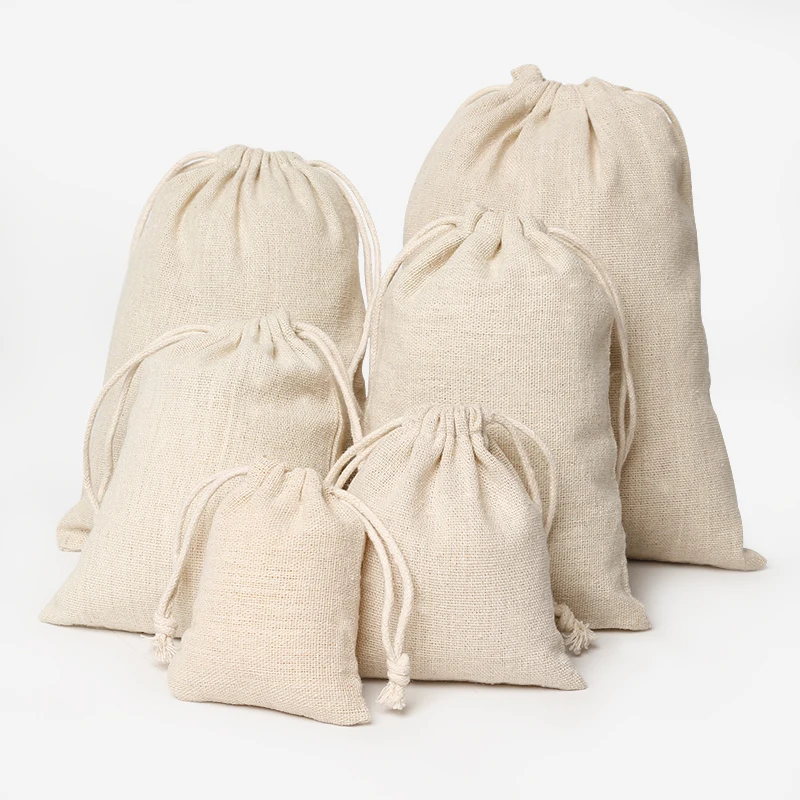 50PCS Linen Gift Bag Packaging Jewelry Cosmetic Makeup Cotton Drawstring Pouch Party Storage Sachet Print Logo Custom Sack |