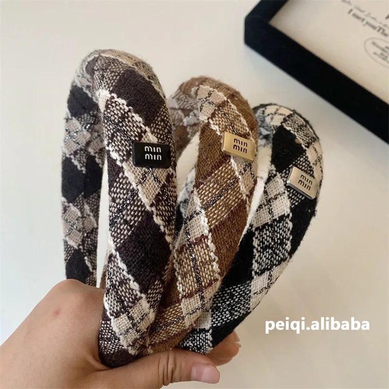 

Plaid Korean Style Plaid MIN Gold Label Wide-brimmed Headband High Skull Headband Face Wash Hair Accessories For Women