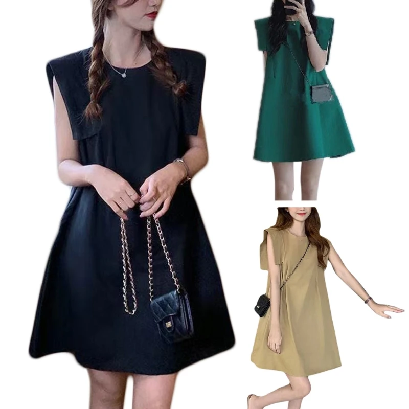 

Women Summer Casual Swing Dress A-line Loose Dress Round Neck Sleeveless Dress N2UE
