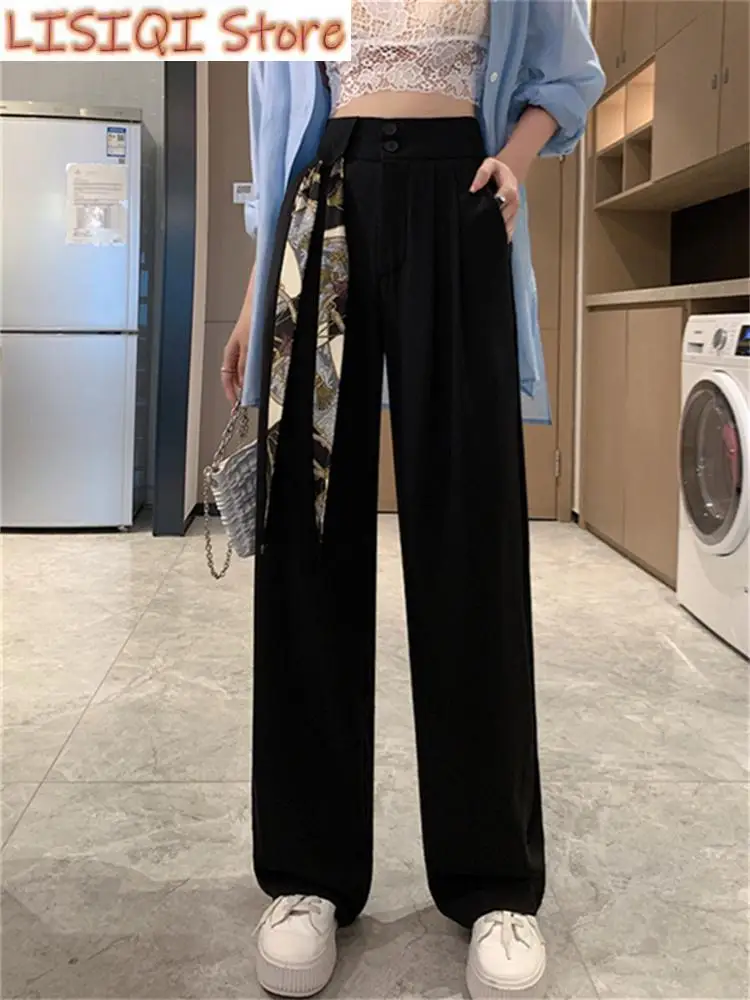 New White High Waisted Pants for Women Spring Korean Fashion Button Up Wide Leg Pants Office Ladies Casual Pants