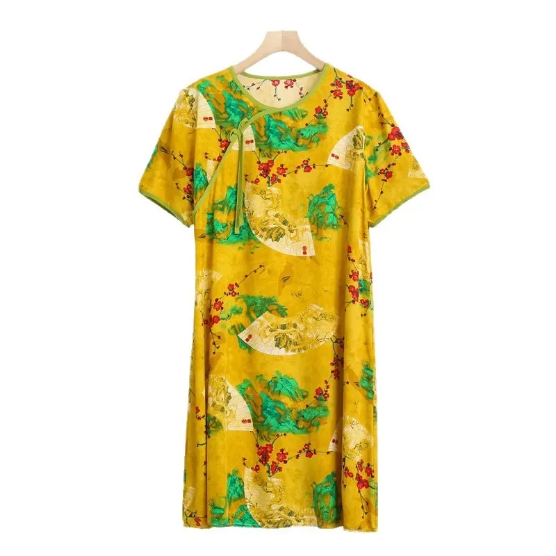 فستان حريري قطني بأكمام قصيرة على الطراز الصيني ال...