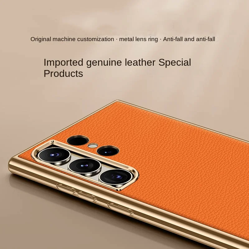 High Quality Luxury Cowhide Leather Cover For Samsung Galaxy S22 S23 Ultra Plus Metal Lens Frame Anti-Fingerprint Phone Case New