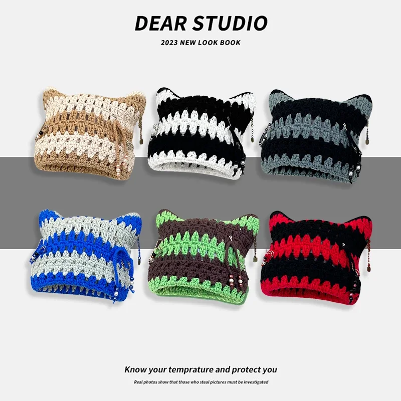 

Japanese Sweet and Cool Cat Ears Knitted Women's Hats 2023 Autumn and Winter New Y2k Little Devil Striped Warm Beanies for Men