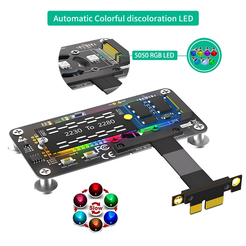 냉각 선풍기 RGB LED 마그네틱 패드 포함 익스텐션 케이블, PCI 익스프레스 3.0 1X 에서 M 키 컨버터 라이저 보드, 10cm, M.2 NVME to PCIE X1