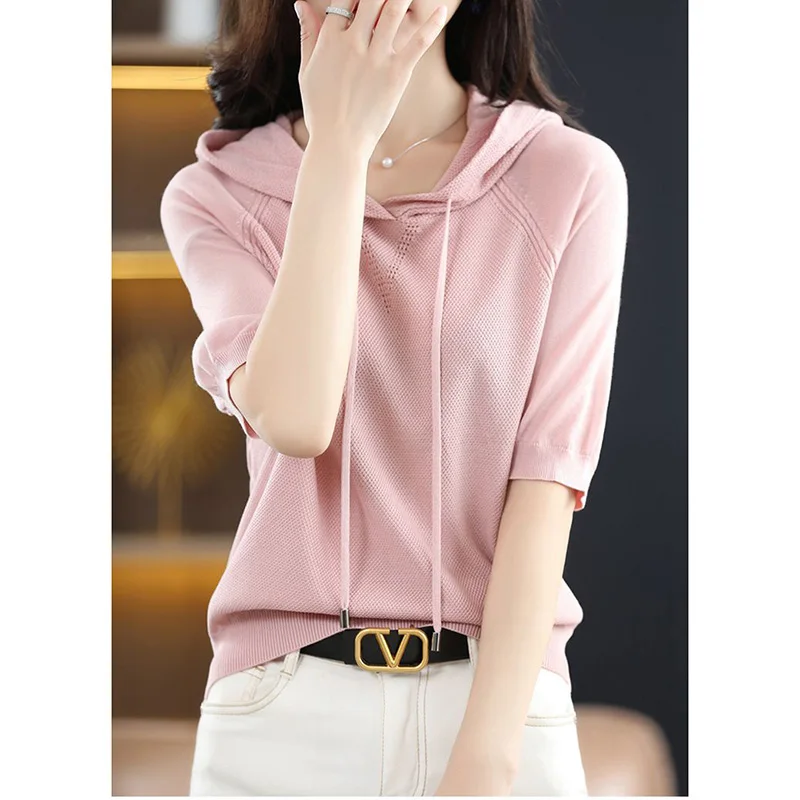 Fashion Hooded Knitted Loose Korean Blouse Women's Clothing 2023 Summer New Casual Pullovers Solid Color Commute Shirt