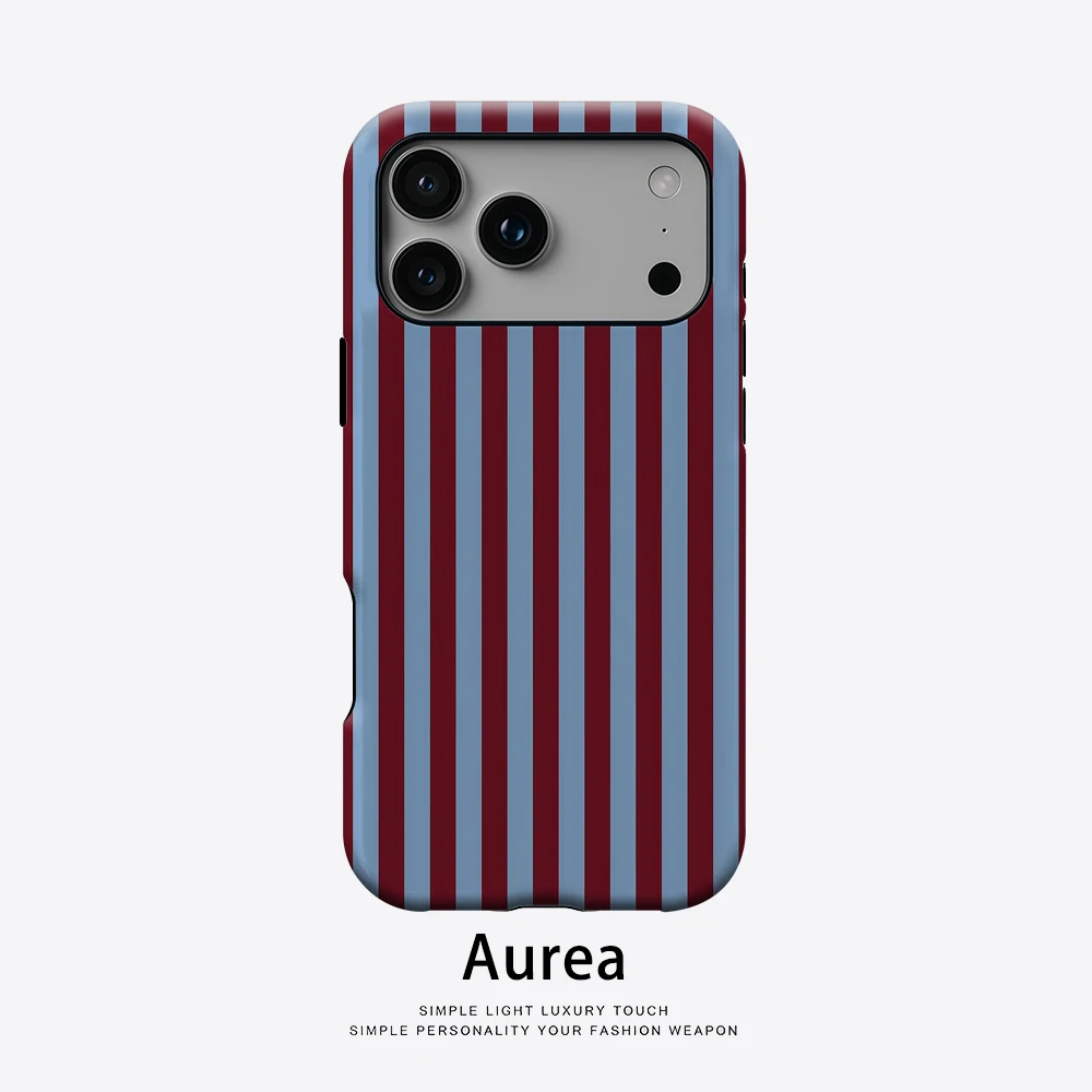 Coque de téléphone à rayures verticales bordeaux et bleu clair pour coque magnétique pour iPhone Pro Max Plus, coque double couche