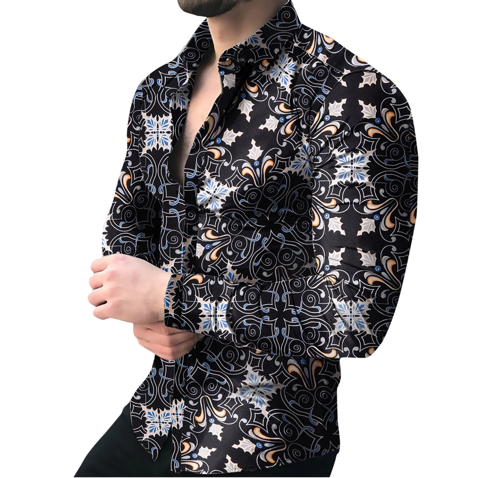 

Мужская Повседневная рубашка с принтом в стиле ретро, рубашка с длинными рукавами и воротником на пуговицах, модная Пижама на пуговицах с длинными рукавами и отложным воротником