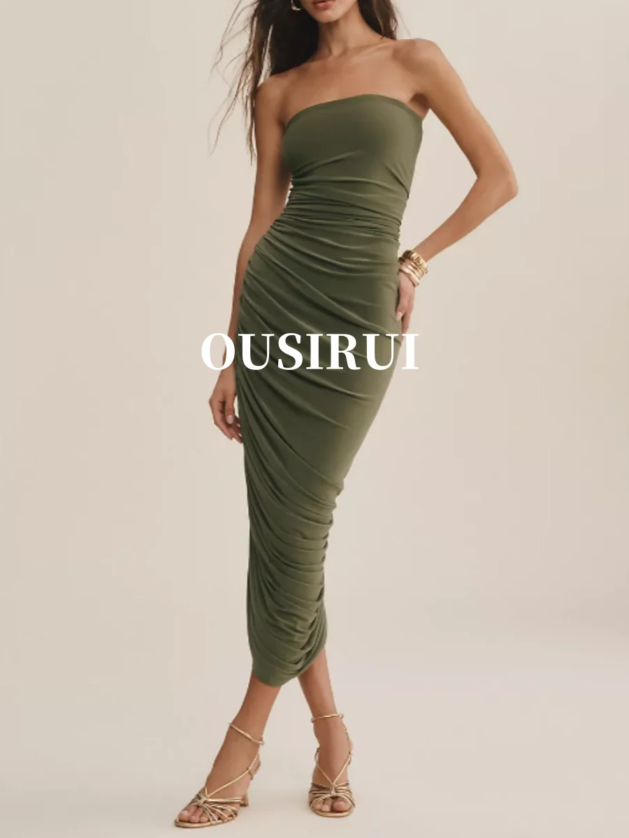 

OUSIRUI 2024 Green Breast Wrap Backless Evening Gown Crepe Sexy Woman Wedding Simple Hip Wrap Pleated Prom Bridesmaid Mature