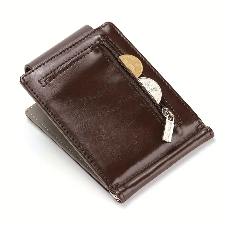 Men's Money Clip Luxury Simple Slim PU Leather Wallet Zipper Coin Purse Money Clip Credit Card Holder