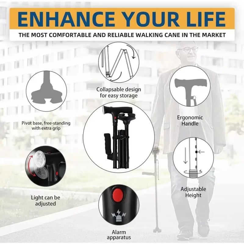 Collapsible Telescopic Folding Cane Elder Cane LED Walking Trusty Sticks Elder Crutches For Mothers The Elder Fathers With Alarm