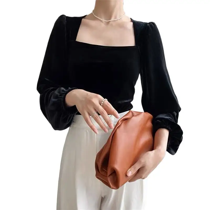 

Осенняя женская футболка с длинным рукавом, модные шикарные топы с квадратным вырезом, теплые бархатные рубашки, зимняя одежда, облегающая Корейская блузка