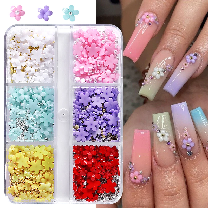 

6Grids Acrylic Flower 3D Nail Art Decorations Resin Charms Gold Beads Caviar Pearl Mixed Rhinestones Accessories Manicure