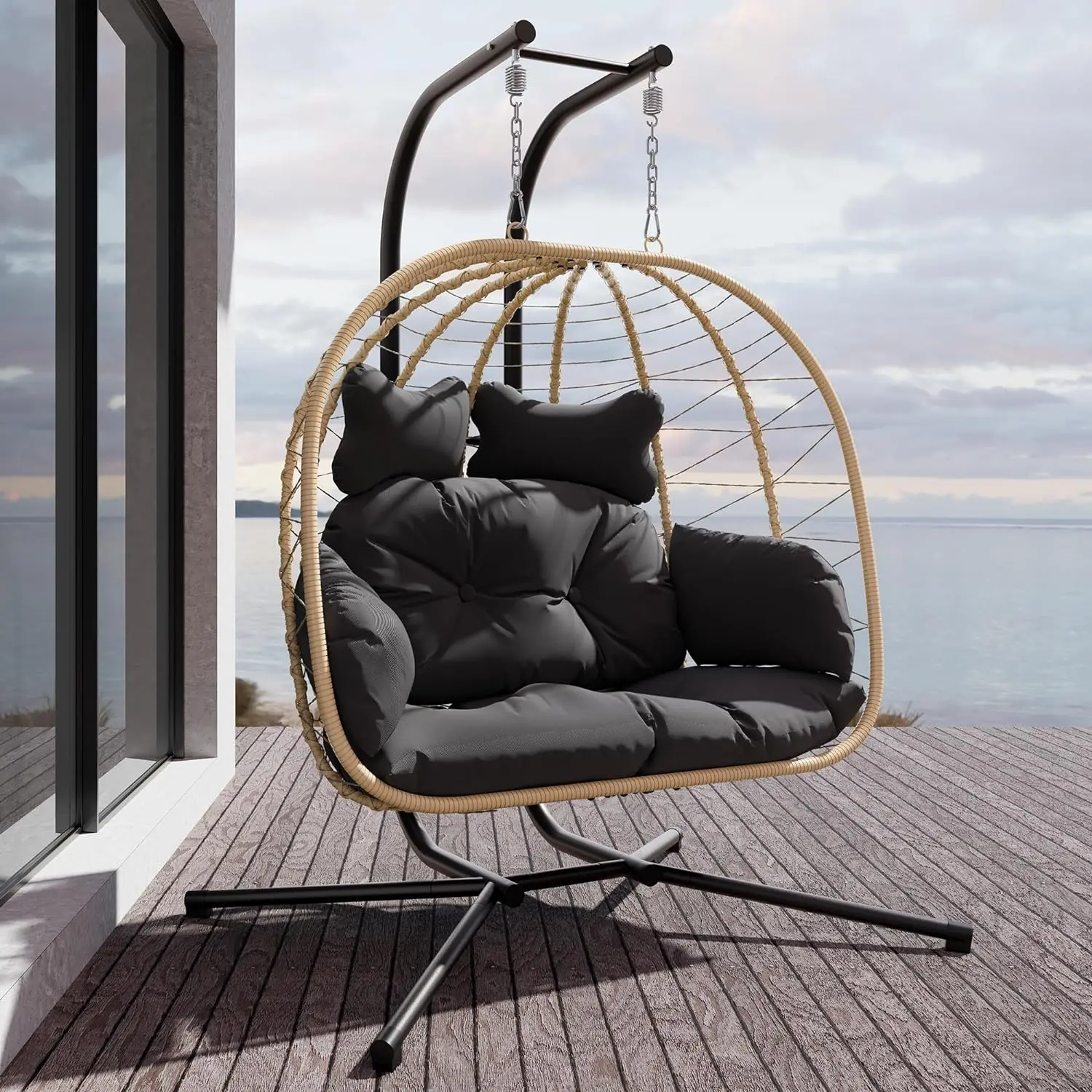 

Double Indoor/Outdoor Wicker Swing Egg Chair Hammock Foldable Hanging Loveseat with Stand, UV Resistant Removable Cushions