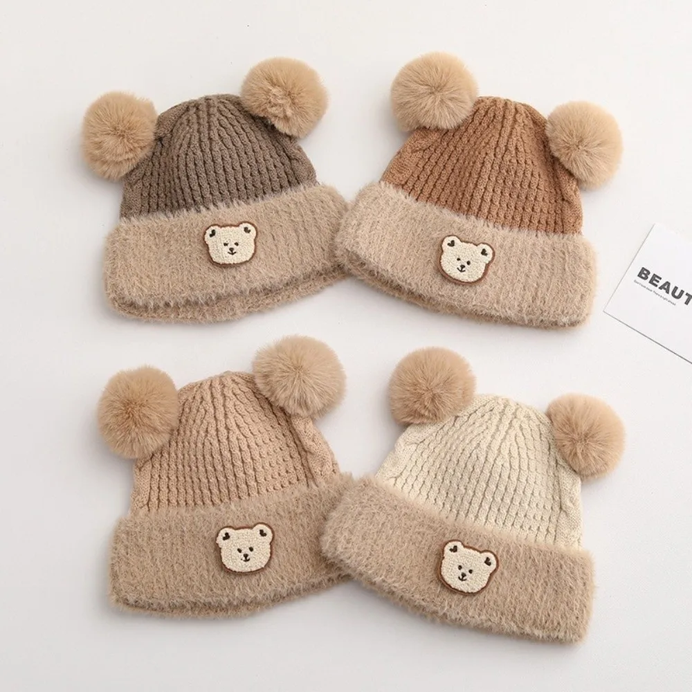 New Warm Knitted Hat Coldproof Windproof Pullover Cap Cute Bear Pompom Ear Protection Hat Outdoor Sports