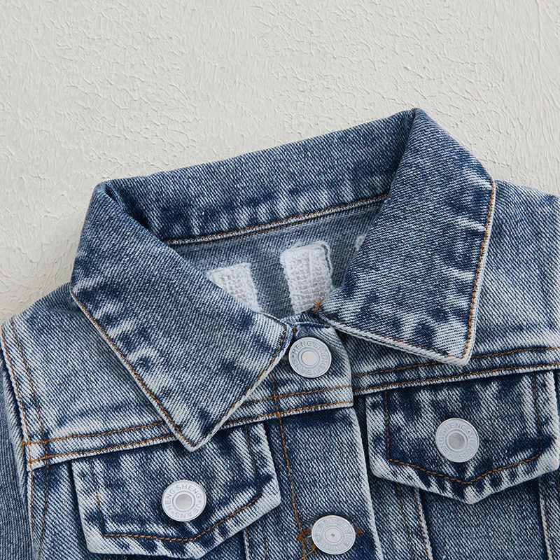 VISgogo 0-3 Years Toddler Boy Girl Denim Jacket Back Letter Embroidered Lapel Neck Long Sleeve Front Button-up Fall Tops