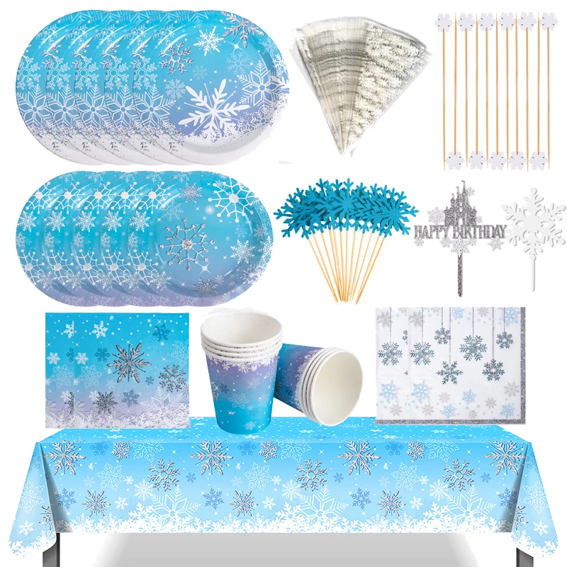 Kit Déco Anniversaire Flocons de Neige Hiver - Vaisselle Fête