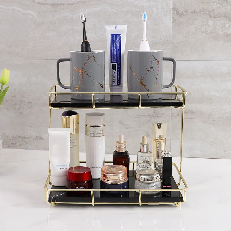 

Light Luxury Metal Rack Natural Marble Tray Rectangle Dressing Table Cosmetic Storage Holder Bathroom Wash Supplies Shelves