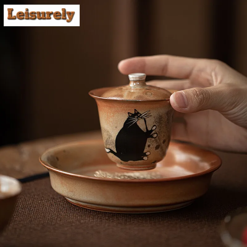 100ml Hand-painted Silver Kiln Change Gaiwan Wood-fired Porcelain Zhiye Cat Tea Tureen Tea Making Cover Bowl Drinkware Gift