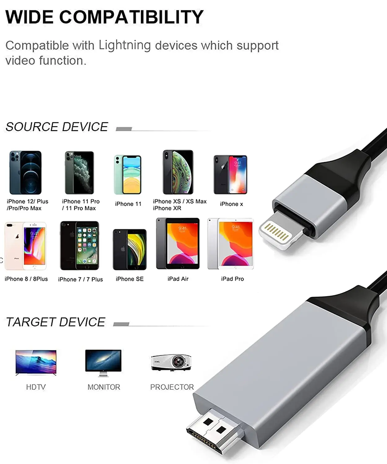 For iPhone to HDMI Digital TV Adapter Cable For iPhone 14 13 12 11 Pro XS iPad